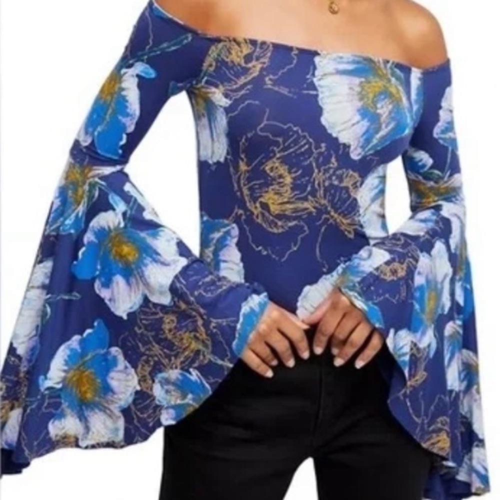 Free People | Birds of Paradise Blue Off Shoulder Floral Bell Sleeves Top Size S - Picture 7 of 9